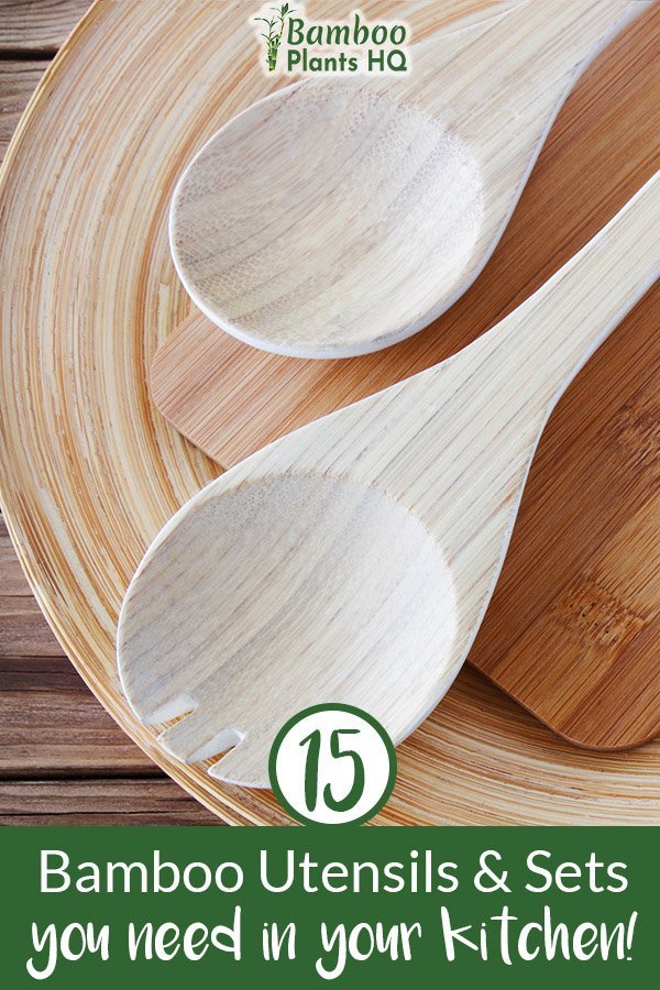 Bamboo kitchen utensils on a table with the text: 15 Bamboo Kitchen Utensils & Sets you need in your kitchen!